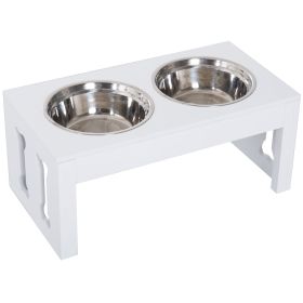 23" Dog Bone Wooden Elevated Dog Bowl Feeding Station, White