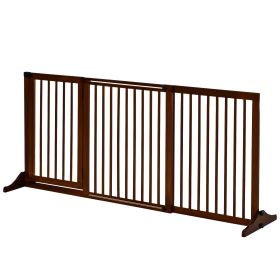 Freestanding Length Adjustable Wooden Pet Gate with Lockable Door 3 Panels, Brown