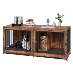 75" Dog Crate Furniture for 2 Dogs, Extra Large Double Dog Crate Furniture Large Breed with Divider & Double Doors, Large Wooden Dog Crate Furniture T