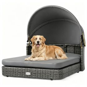 Gray Hand-Woven PE Rattan Dog Bed with Adjustable Canopy, Elevated Outdoor Pet Daybed with Washable Plush Cushion, Anti-Slip Breathable Pet Shelter fo