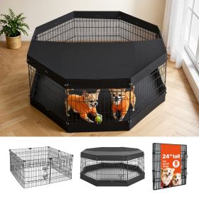 Dog Playpen 24 Inch 8 Panels Exercise Pen with Top Cover & Bottom Pad, Indoor Foldable Metal Pet Fence with Door, Heavy Duty Puppy Crate Kennel Pen fo