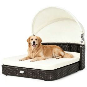 Hand-Woven PE Rattan Dog Bed with Adjustable Canopy, Elevated Outdoor Pet Daybed with Washable Plush Cushion, Anti-Slip Breathable Pet Shelter for Ind
