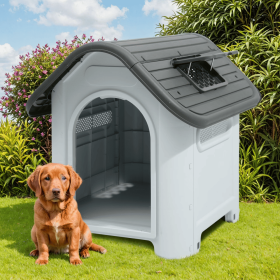 Waterproof Plastic Dog House with Adjustable Skylight and Elevated Floor, Outdoor Indoor Doghouse Puppy Shelter,Gray,30''Lx 23.3''Wx 26"H (Shipment fr