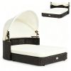Hand-Woven PE Rattan Dog Bed with Adjustable Canopy, Elevated Outdoor Pet Daybed with Washable Plush Cushion, Anti-Slip Breathable Pet Shelter for Ind
