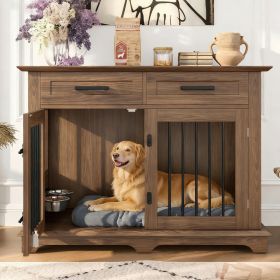 44.48" Large Dog Crate Furniture, Indoor Wooden Dog Kennel End Table with 2 Storage Drawers and Rotating Bowls, Decorative Pet Cage Dog House for Medi (Color: Brown)