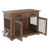 44.48" Large Dog Crate Furniture, Indoor Wooden Dog Kennel End Table with 2 Storage Drawers and Rotating Bowls, Decorative Pet Cage Dog House for Medi