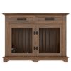 44.48" Large Dog Crate Furniture, Indoor Wooden Dog Kennel End Table with 2 Storage Drawers and Rotating Bowls, Decorative Pet Cage Dog House for Medi