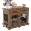 44.48" Large Dog Crate Furniture, Indoor Wooden Dog Kennel End Table with 2 Storage Drawers and Rotating Bowls, Decorative Pet Cage Dog House for Medi